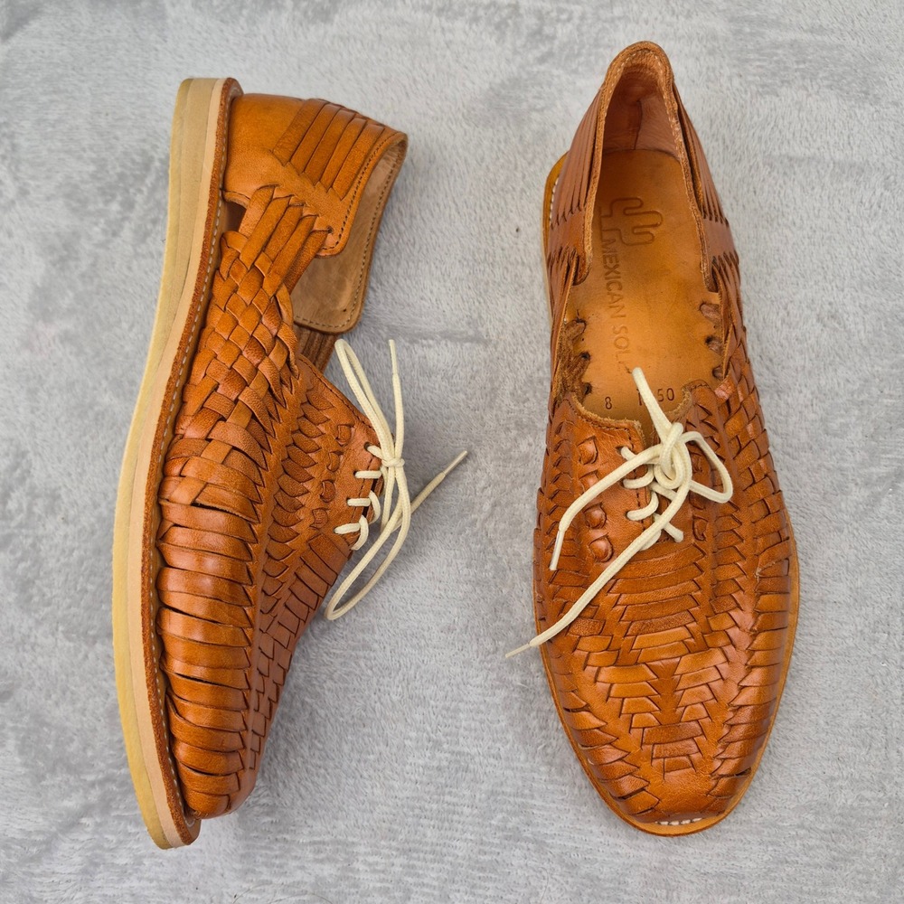 Mexican Sole Mens Woven Leather Huarache Lace Up Oxford Shoes Tan Size 8 1150